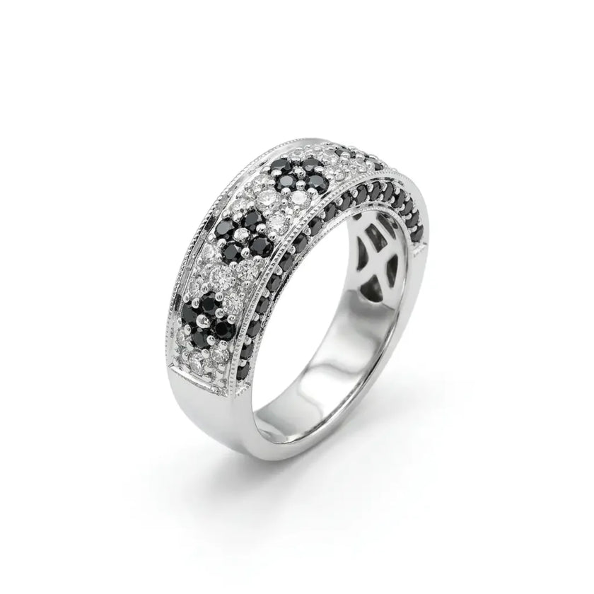 14kt White Gold Black Flower Diamond Band