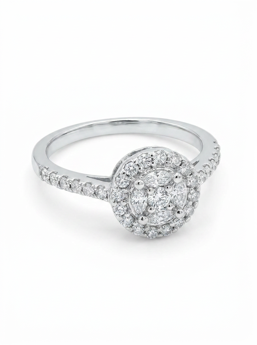GOLD FATHER - 14K WHITE GOLD 1.20 CT DIAMOND HALO CLUSTER RING - SIZE 9