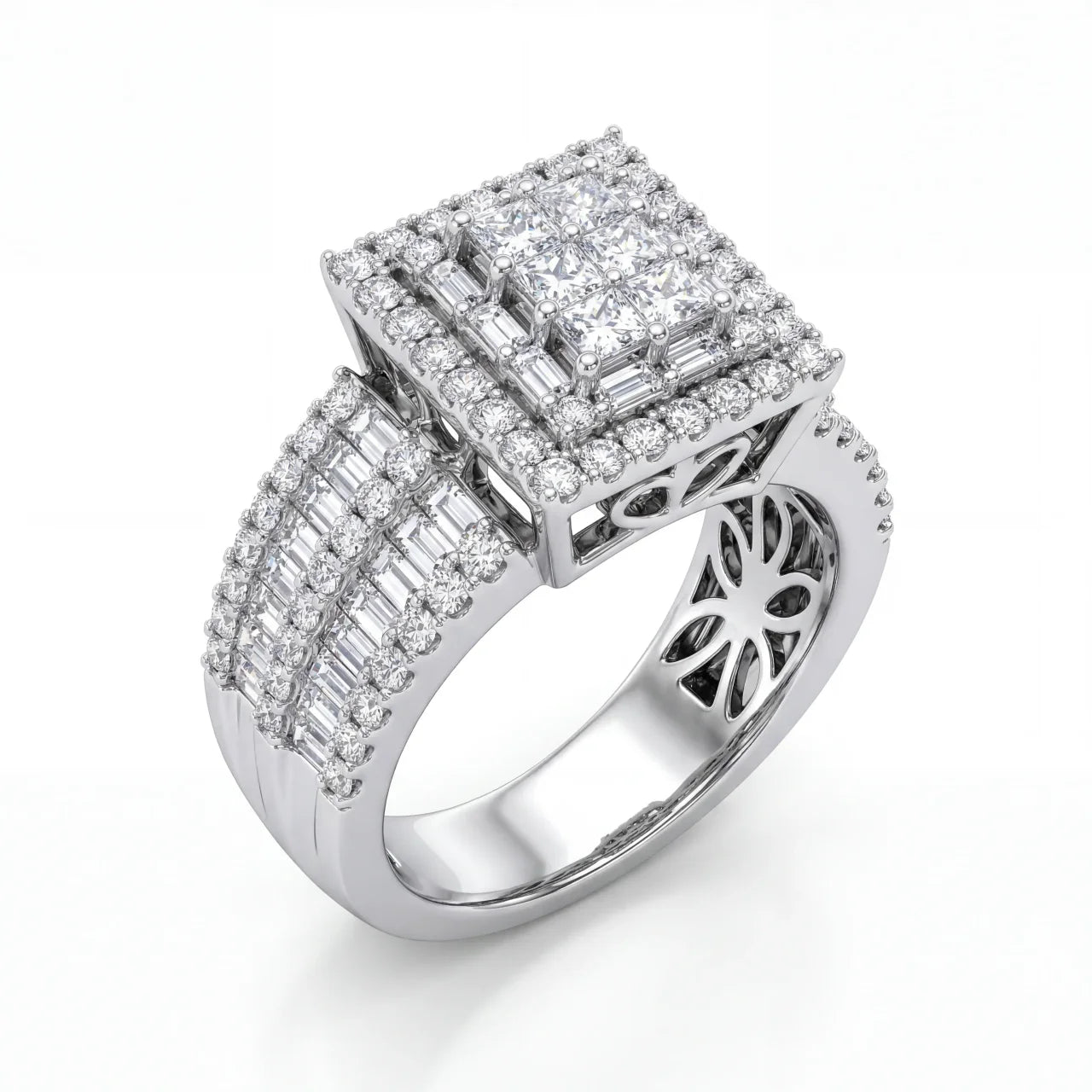 Luxury 14K White Gold Princess Cut Diamond Engagement Ring featuring VS natural princess, baguette, and round diamonds.