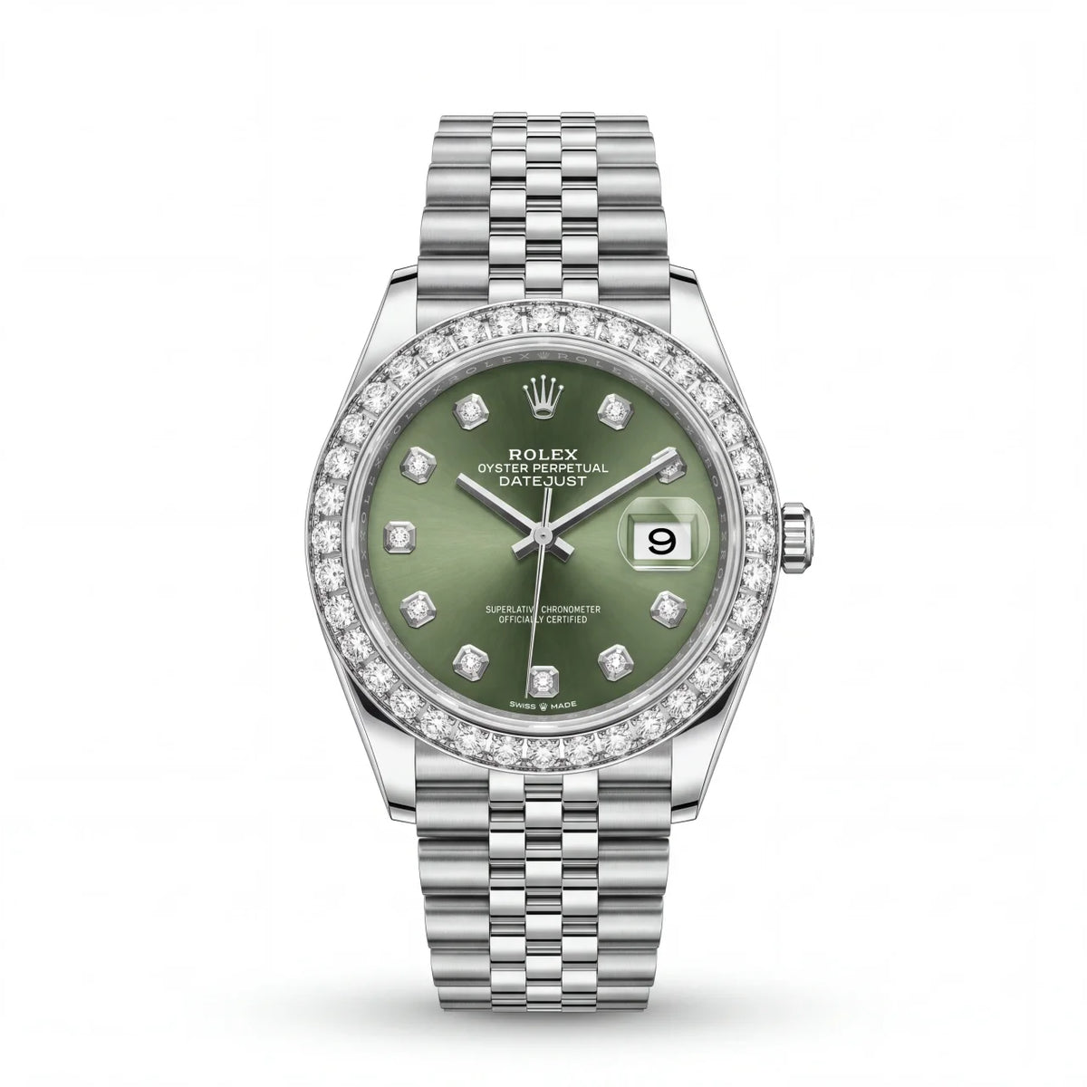 SHOP GOLD FATHER ROLEX DATEJUST 36MM GREEN DIAMOND DIAL WATCH IN STAINLESS STEEL ONLINE