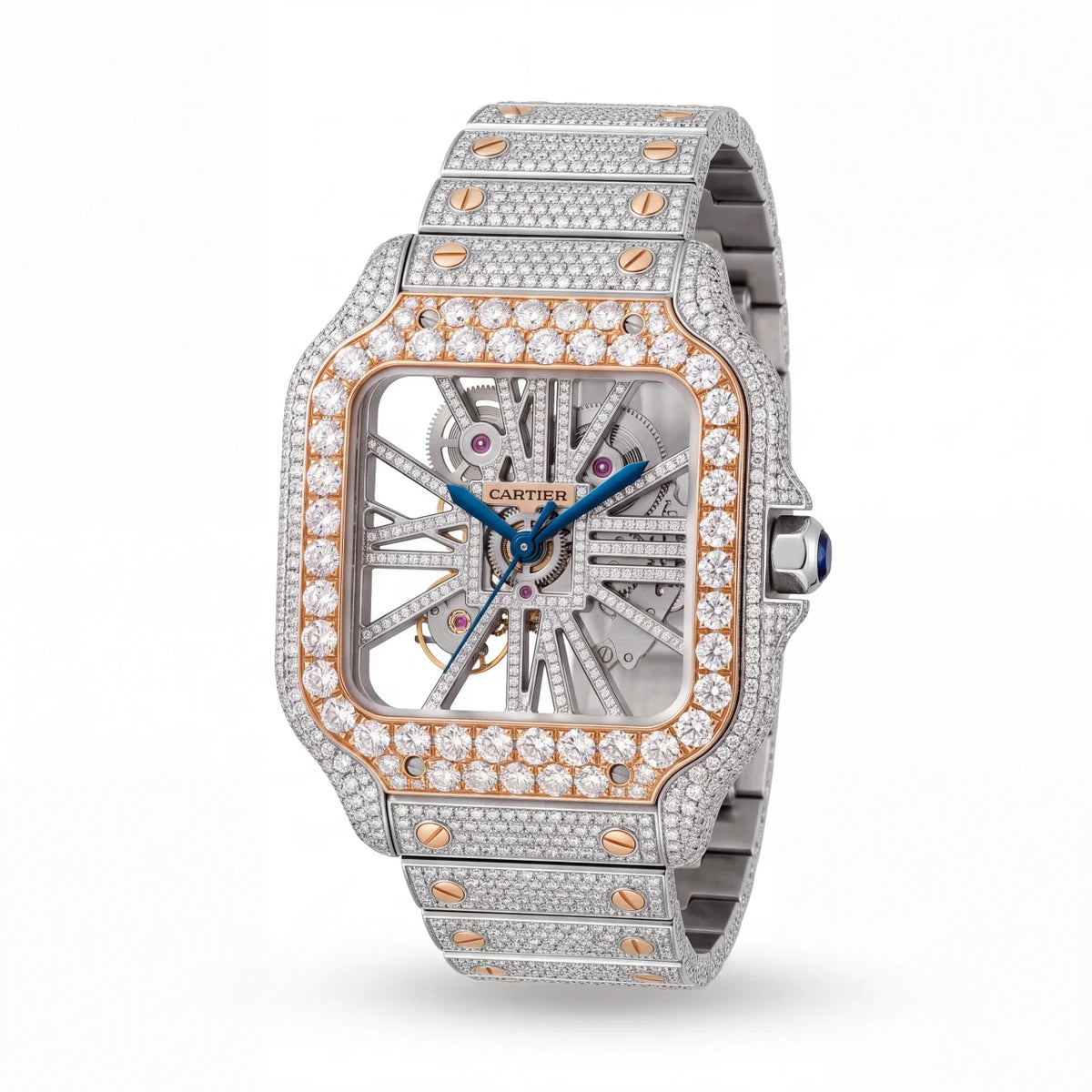 SHOP GOLD FATHER TWO-TONE CARTIER SANTOS SKELETON 40MM ICED OUT WATCH ONLINE