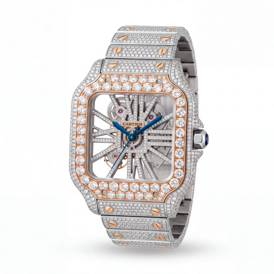 SHOP GOLD FATHER TWO-TONE CARTIER SANTOS SKELETON 40MM ICED OUT WATCH ONLINE