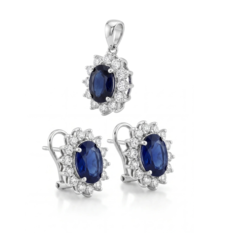 GOLD FATHER - 14K ANTIQUE WHITE GOLD GIA SAPPHIRE & DIAMOND JEWELRY SET – EARRINGS & PENDANT