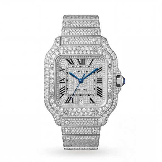 SHOP GOLD FATHER CARTIER SANTOS 40MM FULL ICED OUT WATCH IN STAINLESS STEEL ONLINE