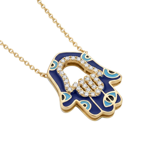 SHOP GOLD FATHER 18K YELLOW GOLD 0.29 CT BLUE DIAMOND HAMSA PENDANT WITH CHAIN IN 17.5 INCH ONLINE
