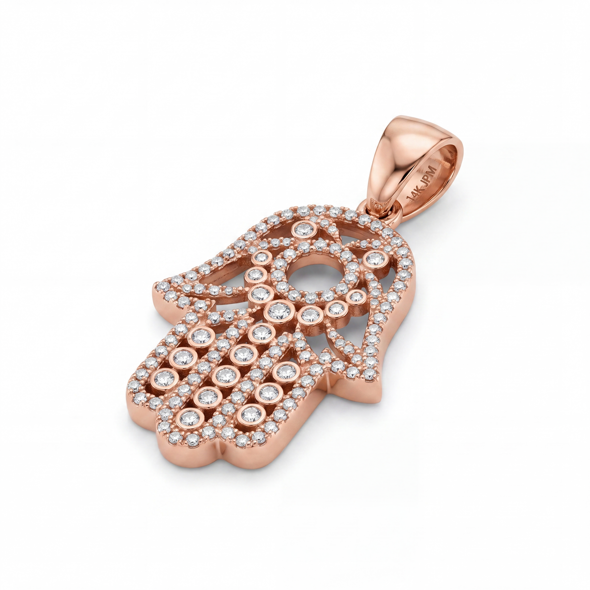 SHOP GOLD FATHER 14K ROSE GOLD 0.61 CT DIAMOND HAMSA PENDANT IN 5.2 GRAMS ONLINE