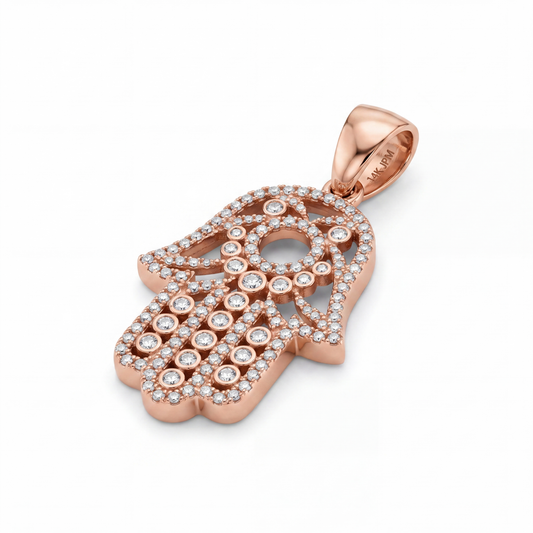 SHOP GOLD FATHER 14K ROSE GOLD 0.61 CT DIAMOND HAMSA PENDANT IN 5.2 GRAMS ONLINE